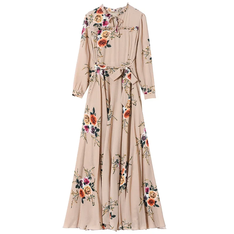 Spring Chiffon Floral Dress – Long Sleeve A-Line with Lace-Up Neck